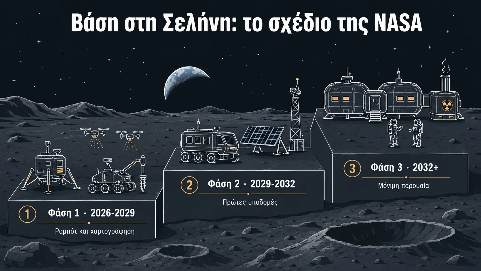 Γράφημα με τις τρεις φάσεις της βάσης στη Σελήνη της NASA: ρομπότ ως το 2029, πρώτες υποδομές, μόνιμη παρουσία από το 2032