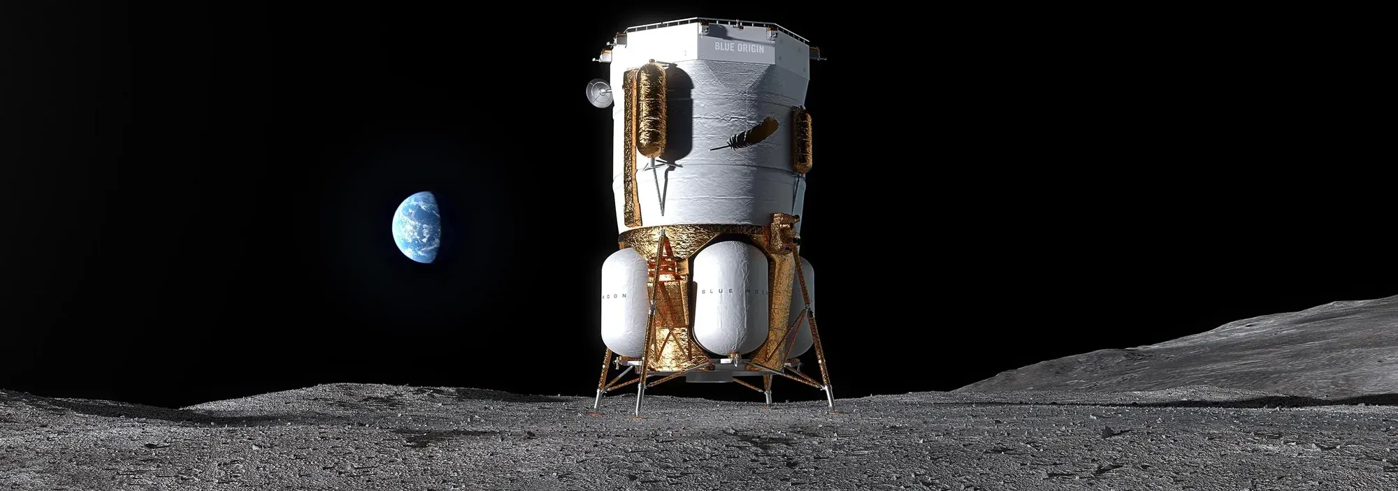 Απεικόνιση του σεληνακάτου Blue Moon της Blue Origin στη Σελήνη με τη Γη στον ορίζοντα, ένα από τα Artemis landers