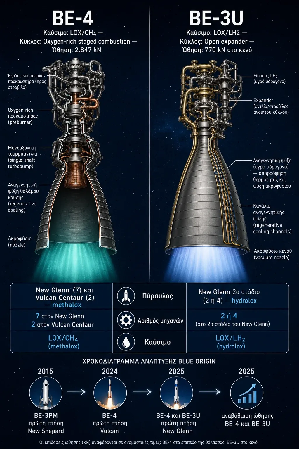 Σύγκριση των μηχανών BE-4 και BE-3U της Blue Origin με καύσιμα, κύκλους καύσης, ώθηση και χρονολόγιο ανάπτυξης