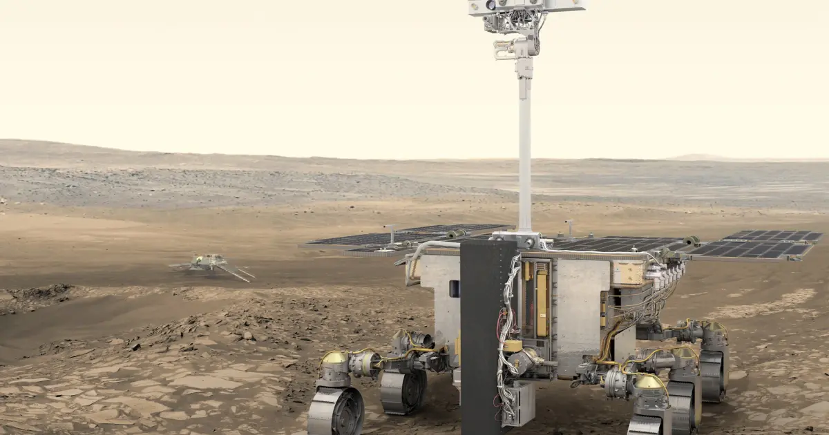 Καλλιτεχνική απεικόνιση του ExoMars rover Rosalind Franklin της ESA στον Άρη, με την πλατφόρμα προσεδάφισης στο βάθος