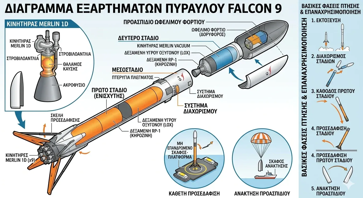 Ο πύραυλος Falcon 9 της SpaceX σε τομή, με τα κομμάτια του: booster πρώτου σταδίου, δεύτερο στάδιο και fairing