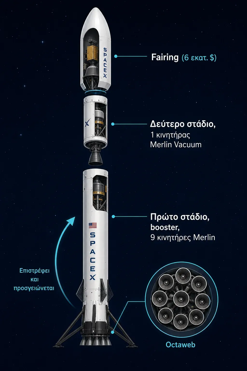 Τα κομμάτια του Falcon 9 σε κάθετη διάταξη: fairing, δεύτερο στάδιο με Merlin Vacuum, booster πρώτου σταδίου και Octaweb