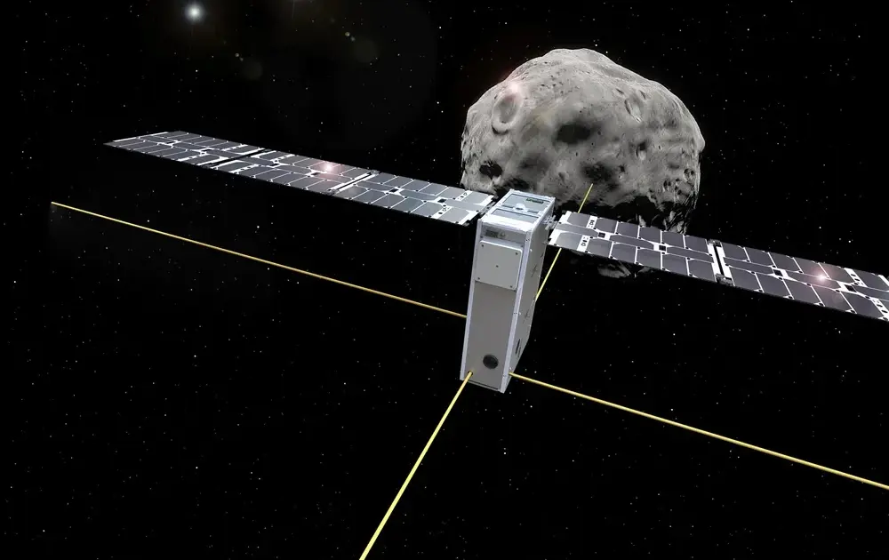 Καλλιτεχνική απεικόνιση του CubeSat Juventas της αποστολής Hera της ESA με κεραίες ραντάρ μπροστά στον αστεροειδή Διμόρφο