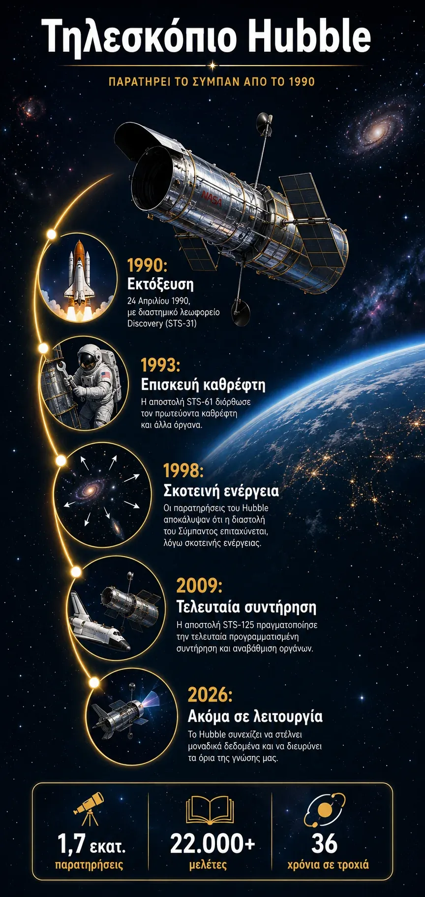 Χρονολόγιο του τηλεσκοπίου Hubble από την εκτόξευση του 1990 έως τη λειτουργία του το 2026, με τους βασικούς σταθμούς