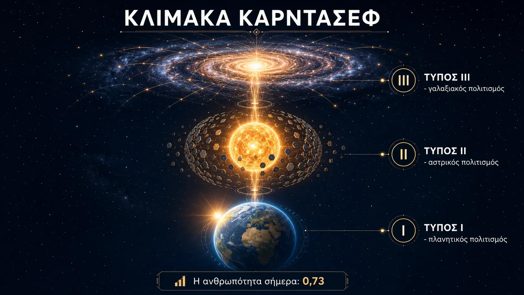 Καλλιτεχνική απεικόνιση κλίμακας ενέργειας πολιτισμών στο σύμπαν, οπτικοποίηση κλίμακας Καρντάσεφ από πλανητικό σε γαλαξιακό επίπεδο