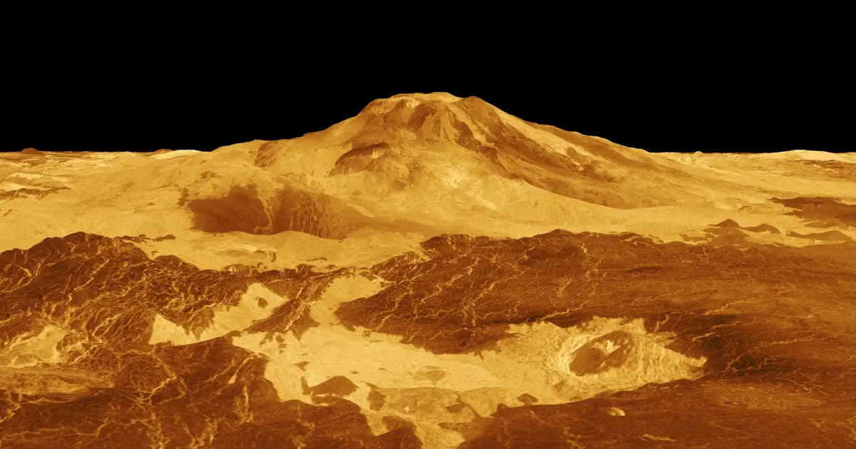 Η επιφάνεια της Αφροδίτης με το ηφαίστειο Maat Mons σε τρισδιάστατη απεικόνιση από τα δεδομένα ραντάρ του Magellan, εκεί που στοχεύει η KYTHERA
