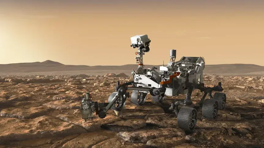 Το ρόβερ Perseverance της NASA σε βραχώδες έδαφος, εικαστική απεικόνιση του JPL για τα ρόβερ στον Άρη