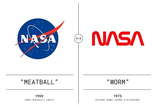 Τα δύο ιστορικά λογότυπα της NASA, το meatball του 1959 και το worm του 1975, σύμβολα της ιστορίας της NASA