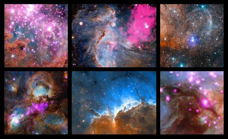 Κολάζ έξι νεφελωμάτων γέννησης άστρων από Chandra, Hubble και Webb, με ροζ ακτίνες Χ μέσα σε πολύχρωμα νέφη αερίου