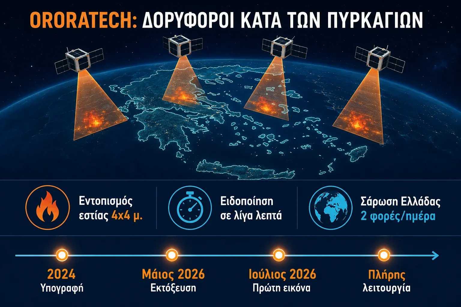 Δορυφόροι της OroraTech εντοπίζουν πυρκαγιές πάνω από την Ελλάδα, με το χρονικό του Hellenic Fire System 2024-2026