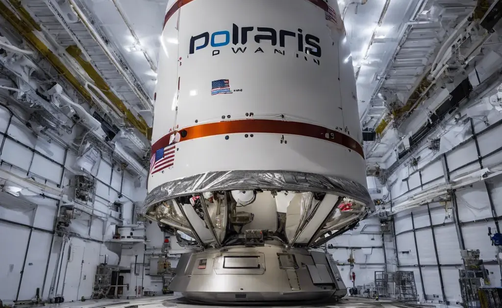 Διαστημική κάψουλα με το λογότυπο Polaris Dawn σε υπόστεγο συναρμολόγησης, για την ιστορική ιδιωτική αποστολή της SpaceX