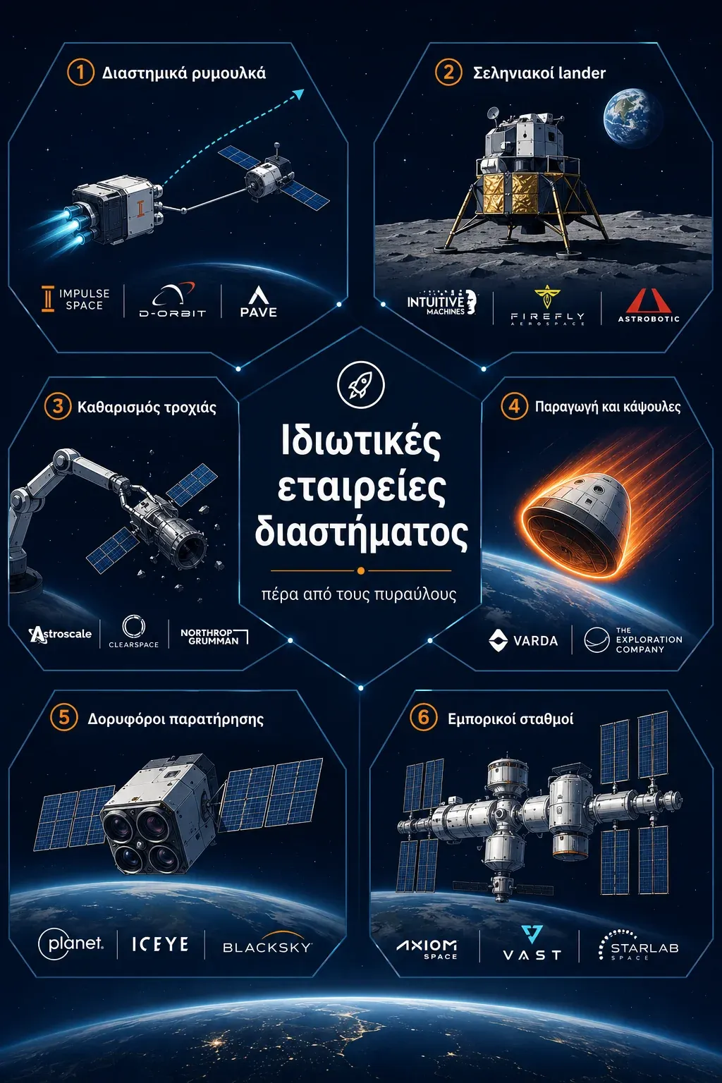 Χάρτης ιδιωτικών εταιρειών διαστήματος σε έξι κατηγορίες, από ρυμουλκά έως σταθμούς, στην post-launch space economy