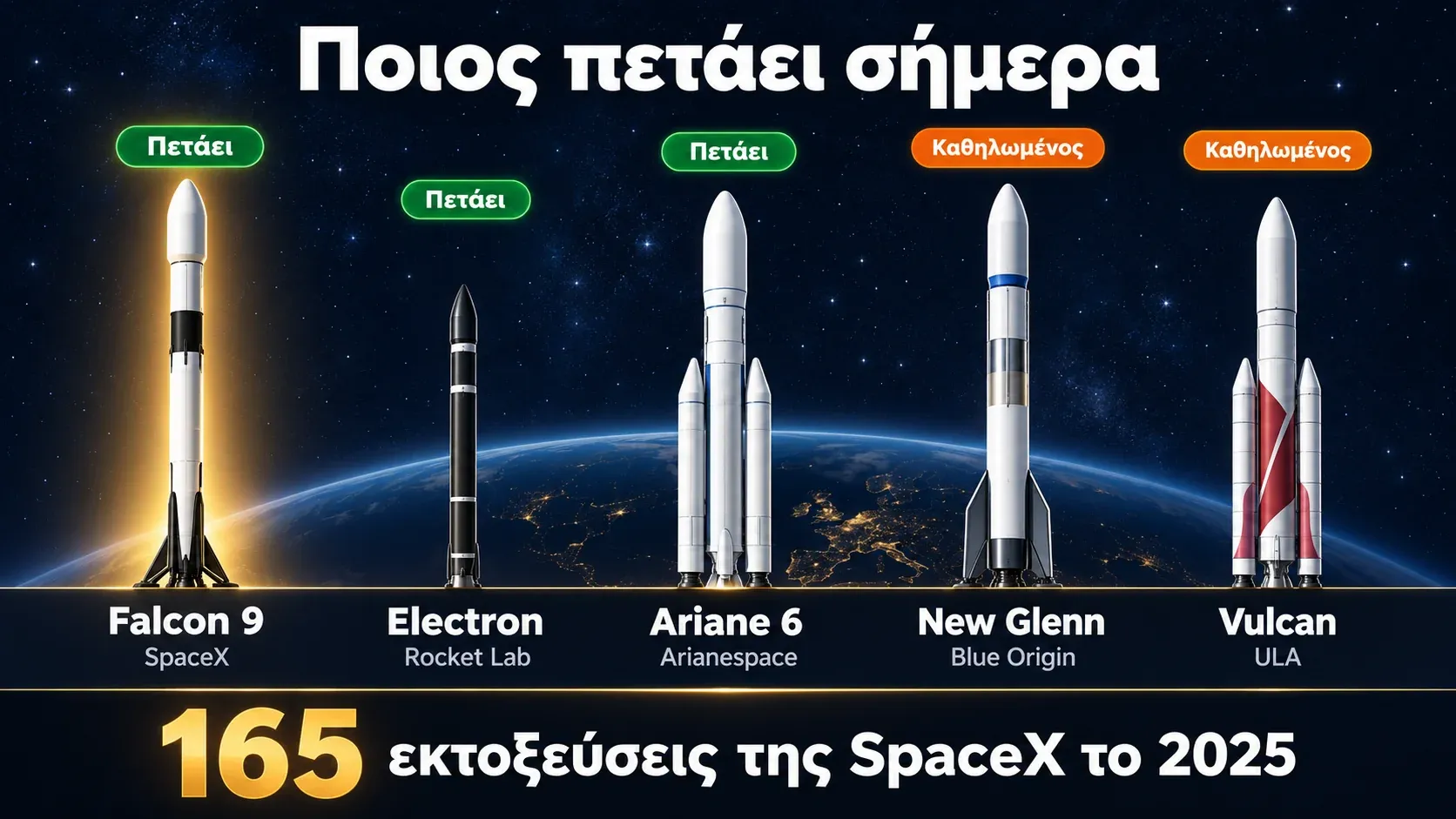 Infographic με τους μεγάλους παίκτες στις ιδιωτικές εταιρείες πυραύλων, Falcon 9, Electron, Ariane 6, New Glenn και Vulcan, και την κατάσταση πτήσεων του καθενός