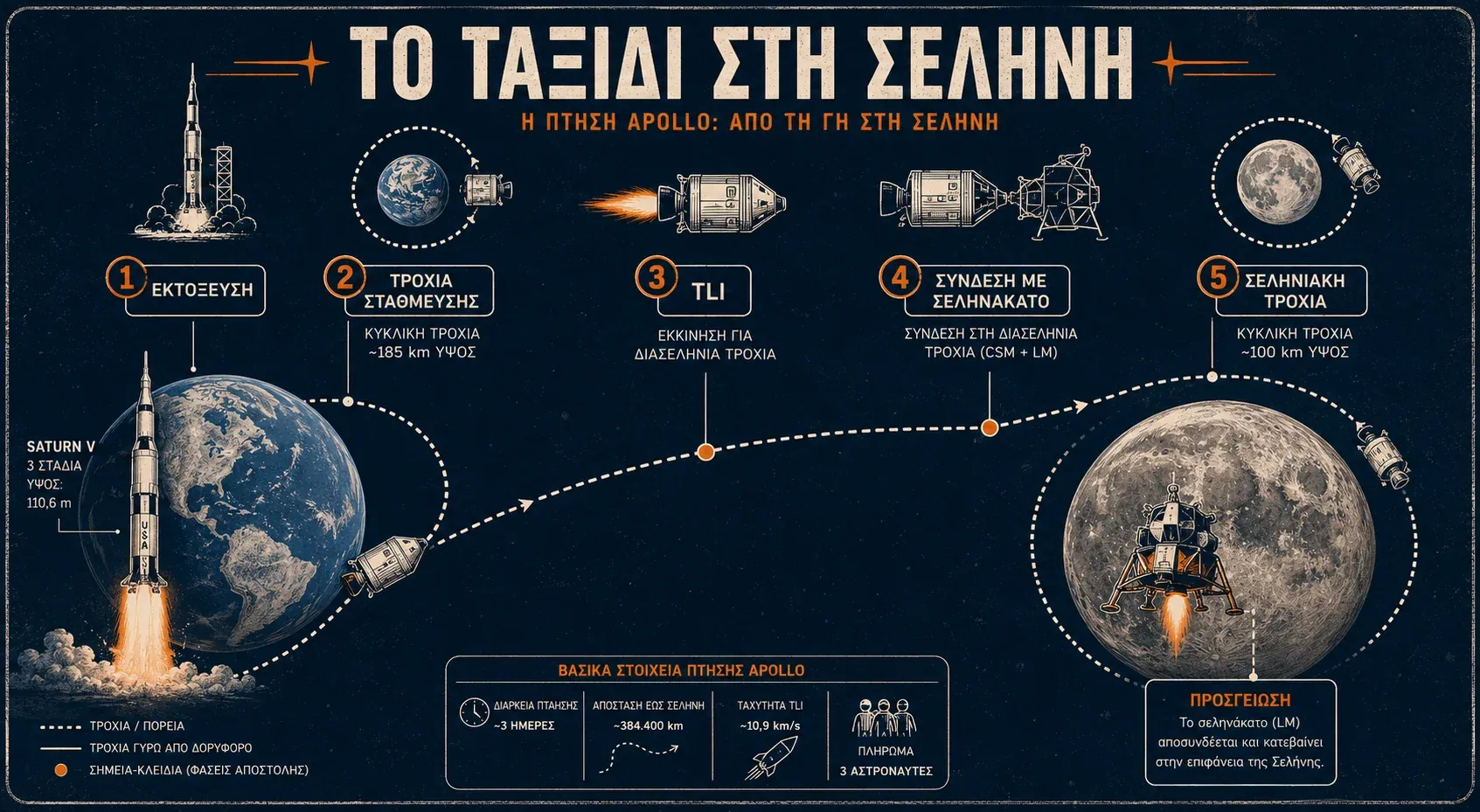Διάγραμμα με τις φάσεις του ταξιδιού του Saturn V στη Σελήνη: εκτόξευση, τροχιά στάθμευσης, TLI, σύνδεση και σεληνιακή τροχιά