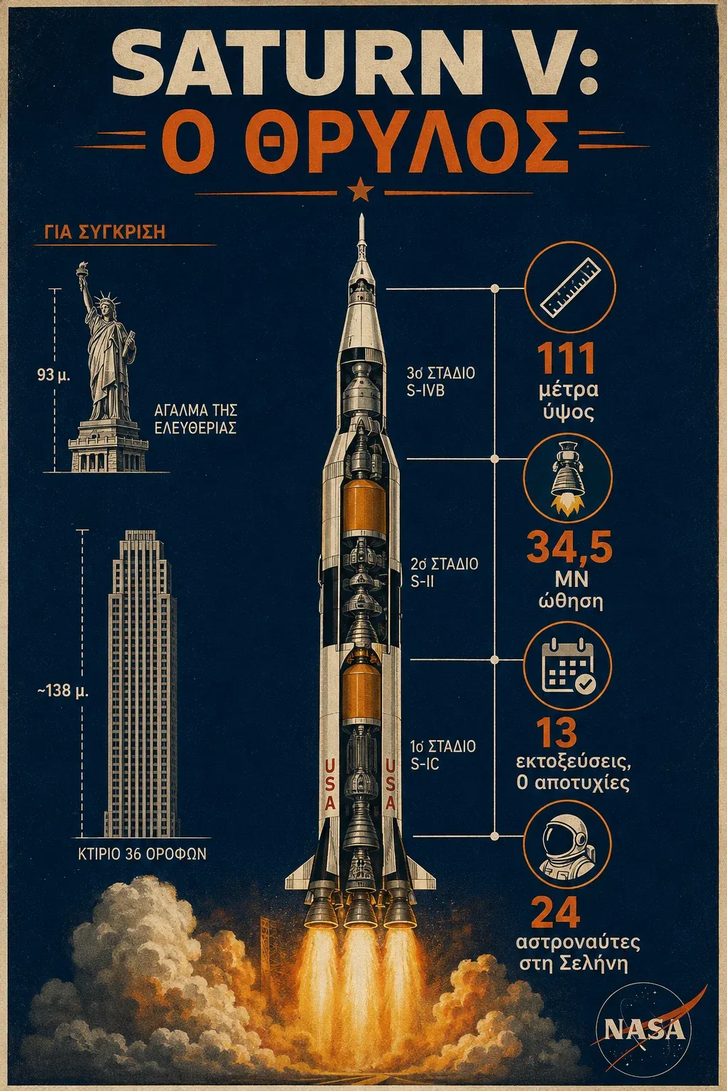 Γράφημα με τον πύραυλο Saturn V σε τομή, τα τρία στάδια, ύψος 111 μέτρα, ώθηση 34,5 MN και 13 εκτοξεύσεις