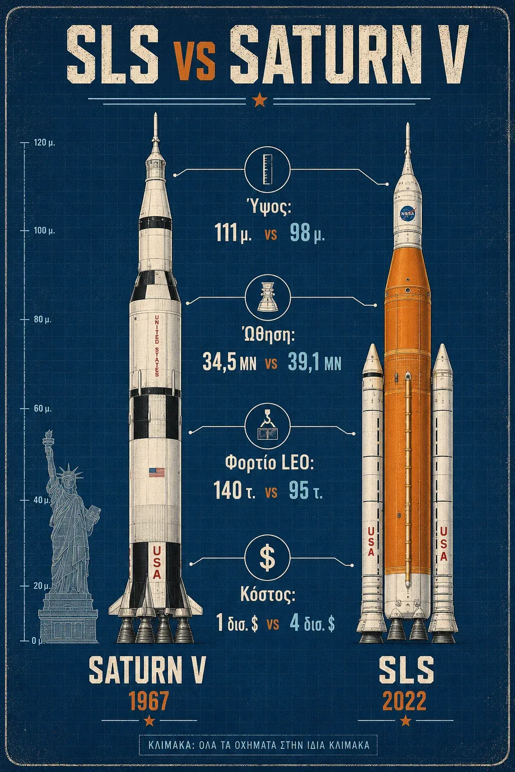 Συγκριτικό γράφημα SLS vs Saturn V σε κλίμακα, με ύψος, ώθηση, φορτίο σε χαμηλή τροχιά και κόστος των δύο πυραύλων