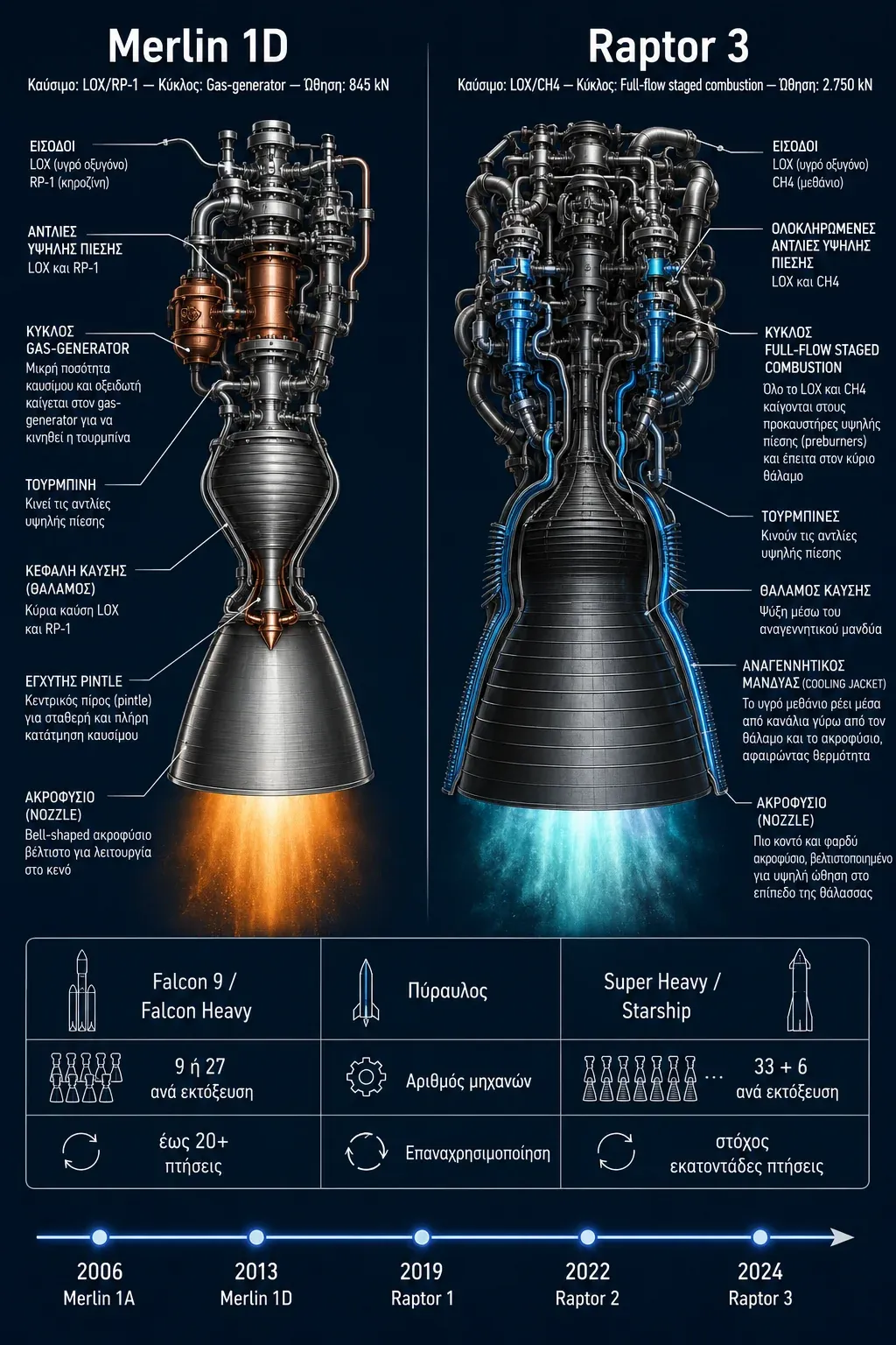 Σύγκριση των μηχανών Merlin 1D και Raptor 3 της SpaceX με κύκλους καύσης, αντλίες και ακροφύσια σε κάθετο διάγραμμα