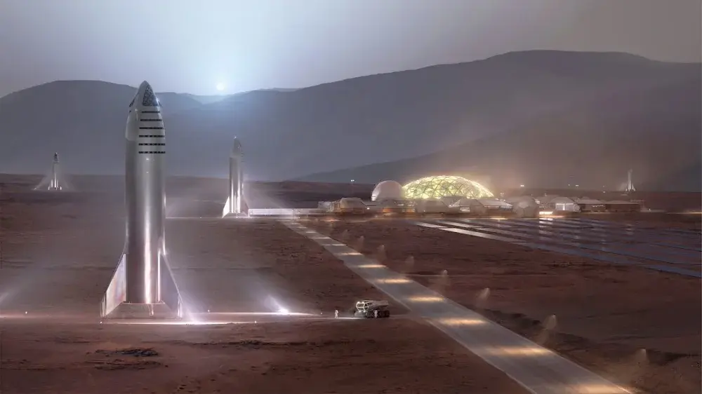 Starship στην επιφάνεια του Άρη δίπλα σε φωτισμένη βάση με θόλους, απεικόνιση της αποστολής SpaceX στον Άρη