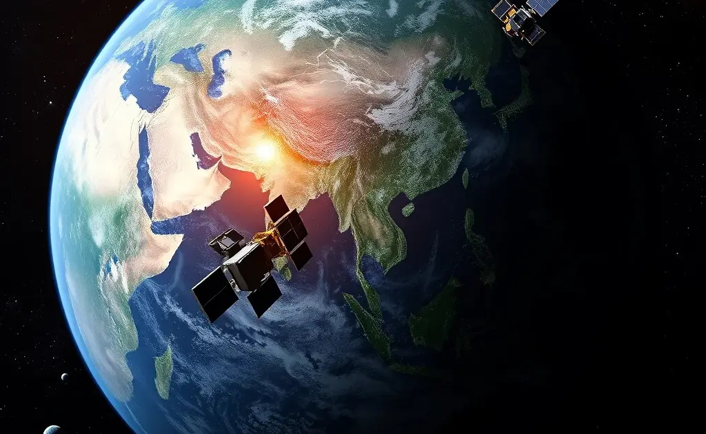 Δορυφόροι Starlink σε χαμηλή τροχιά γύρω από τη Γη, σύμβολο της μάχης SpaceX και Amazon για κυριαρχία στο LEO