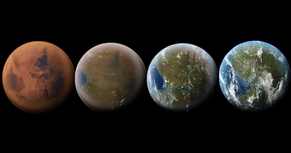 Καλλιτεχνική απεικόνιση του Άρη μετά από terraforming, με ωκεανούς, πράσινη βλάστηση και γαλάζια ατμόσφαιρα αντί για την ερυθρά έρημο