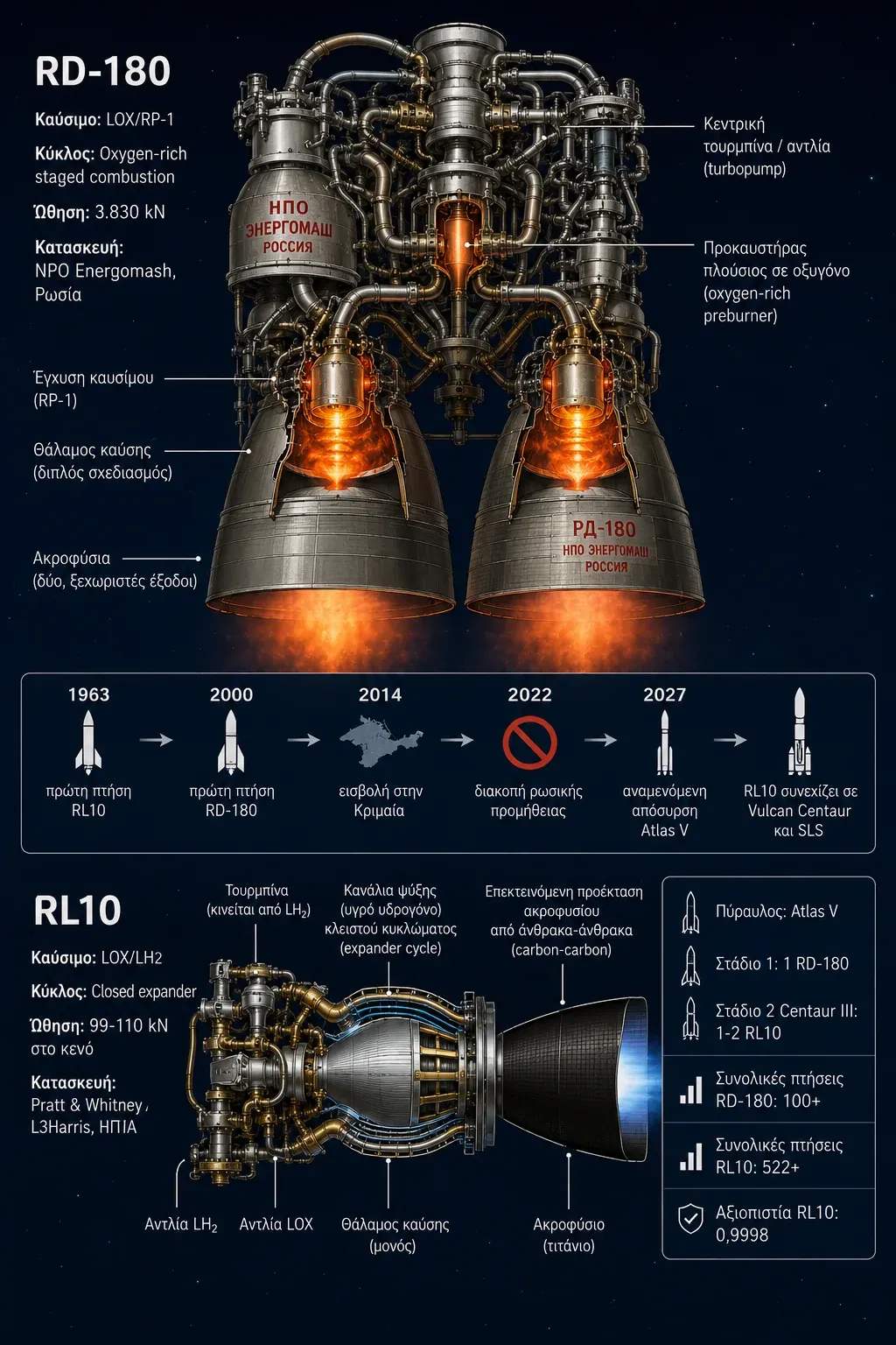 Διάγραμμα των μηχανών της ULA RD-180 και RL10 με καύσιμα, ώθηση και χρονολόγιο από το 1963 έως το 2027