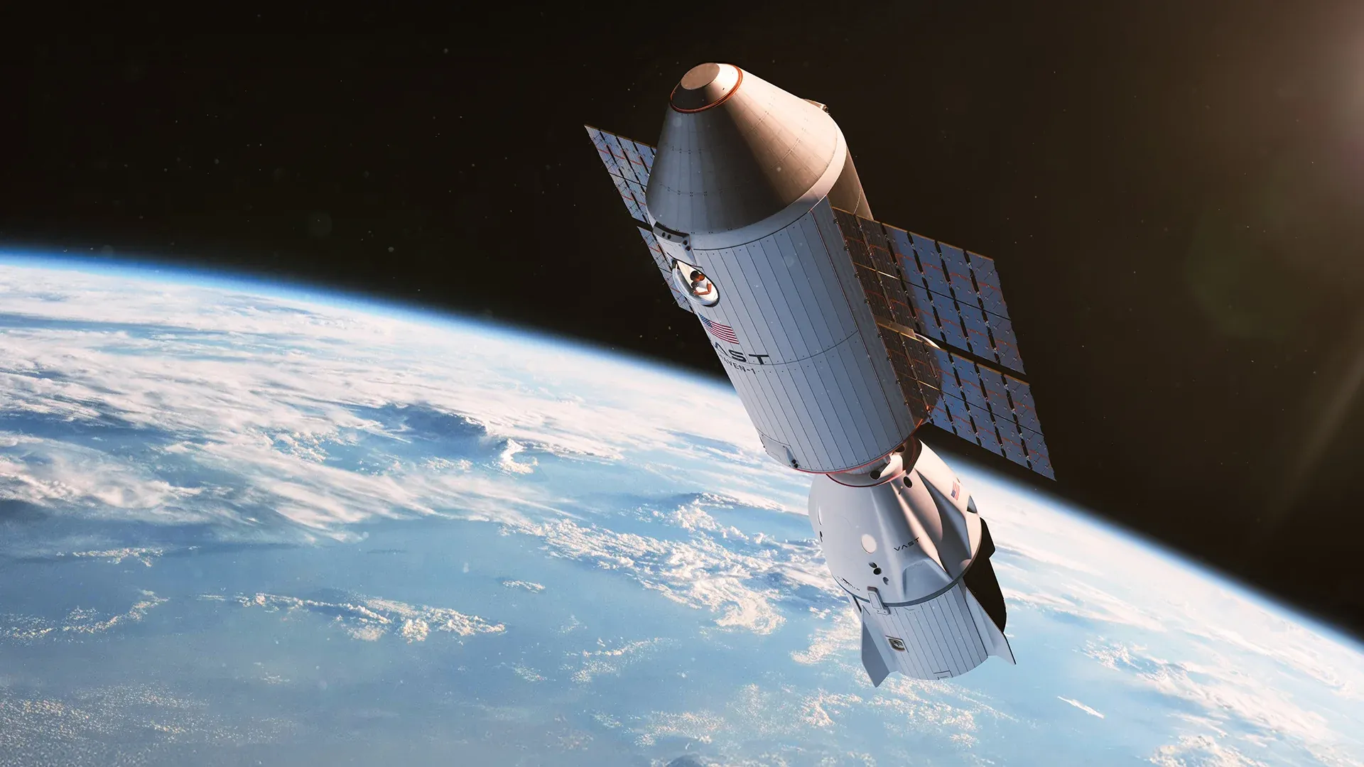 Ο εμπορικός διαστημικός σταθμός Haven-1 της Vast Space σε τροχιά γύρω από τη Γη με συνδεδεμένο σκάφος Crew Dragon.
