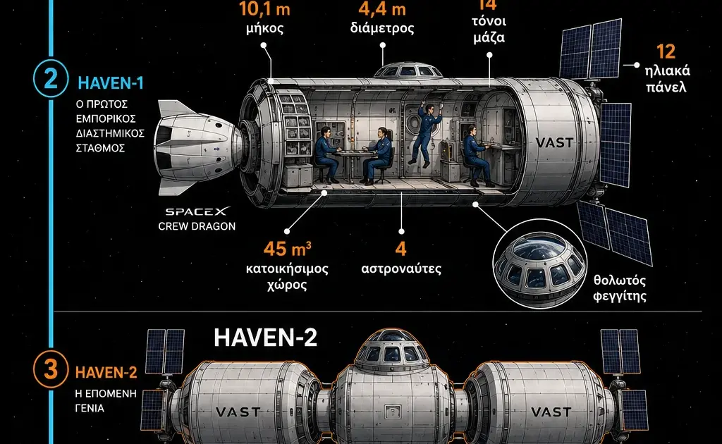 Γράφημα για τη Vast Space με τον ιδρυτή Jed McCaleb, τον σταθμό Haven-1 και τον μελλοντικό Haven-2